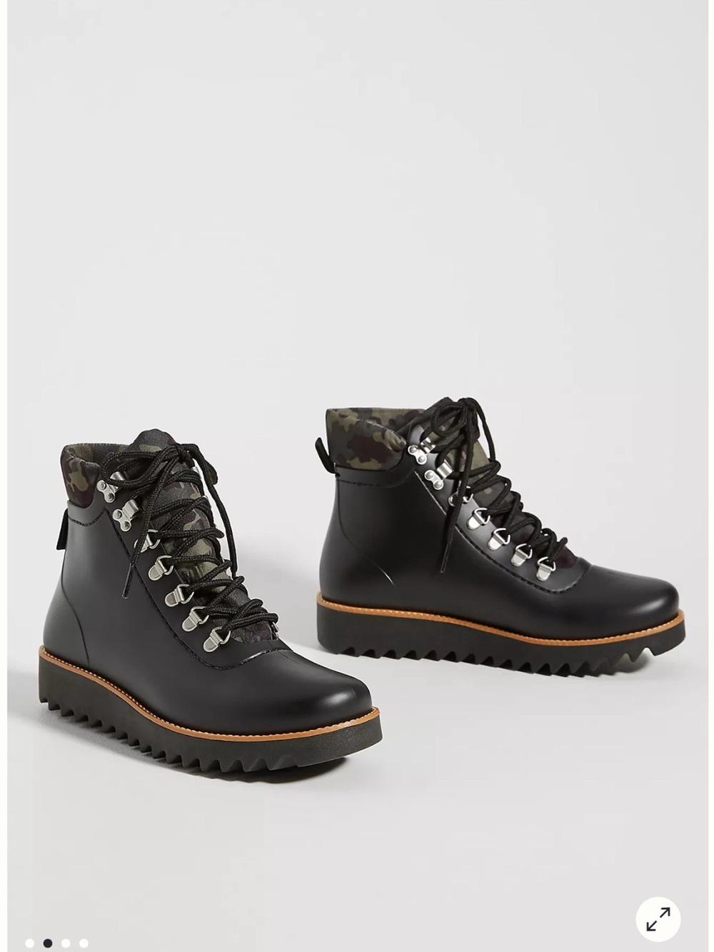 Bernardo Winnie Rain Black Lace-Up Platform Ankle Boots with Camo Collar